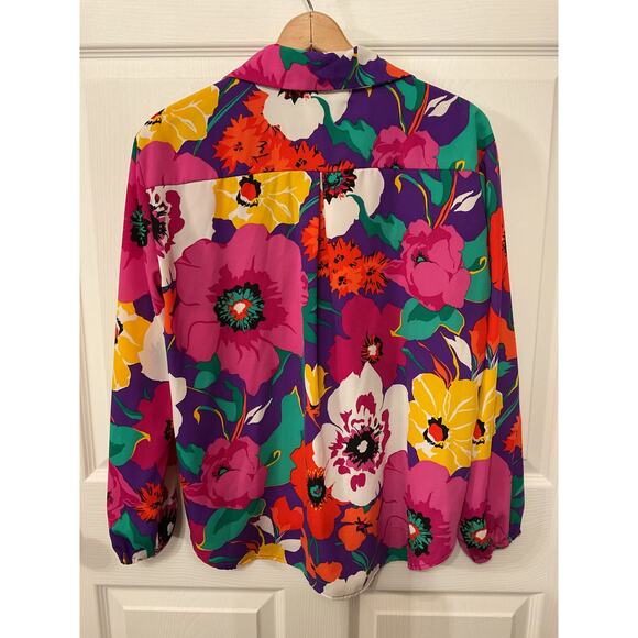Bucket List Colorful Collared Long Sleeve Floral Button Down Blouse, S - Picture 9 of 10
